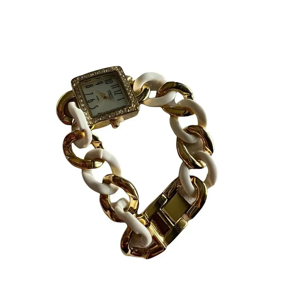 Embassy by Gruen Women's Watch Gold White Chain Link Cuff Rhinestone Square NIB